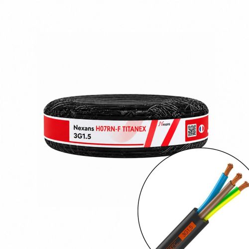 Câble électrique souple H07RNF 3G1.5² M/B/VJ NEXANS Titanex - Couronne de 100m