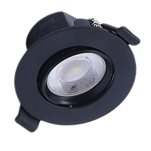 Spot encastrable rond noir avec pattes de fixation, vue de face sur fond blanc.
