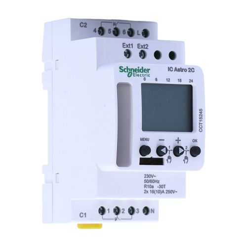 Schneider Acti9 IC ASTRO Smart Interrupteur crépusculaire programmable astronomique 2 canaux, vue de trois quarts avant, face de commande et borniers visibles.