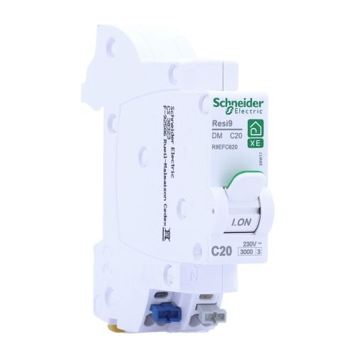 SCHNEIDER resi9 XE disjoncteur 20A auto ph n courbe c 3kA 230V, vue de trois quarts avant avec manette et bornes de raccordement visibles.