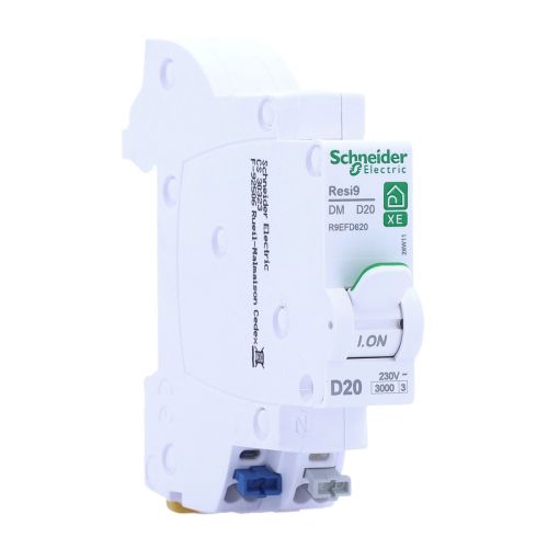 SCHNEIDER resi9 XE disjoncteur 20A auto ph n courbe d 3kA 230V, vue de trois quarts avant avec manette et bornes de raccordement visibles.