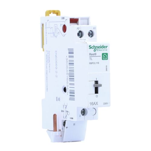 Schneider Resi9 XP télérupteur 16A 1NO monophasé, vue latérale opposée, forme du boîtier modulaire visible.