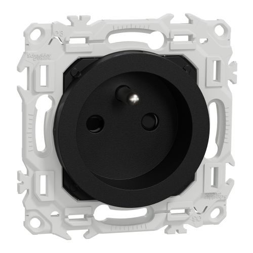 Prise de courant 2P+T Schneider Odace pour rénovation, finition noir onyx, vue de face sur support