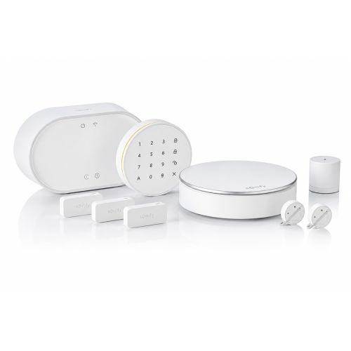 Somfy Home Alarm Advanced, vue de trois quarts avant, face de commande et borniers visibles.