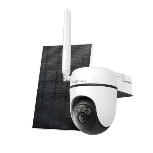 Caméra de surveillance Tapo 4G solaire 2K motorisée blanche installée avec panneau solaire et vue des fonctionnalités de détection IA, vision nocturne couleur et protection 360°.