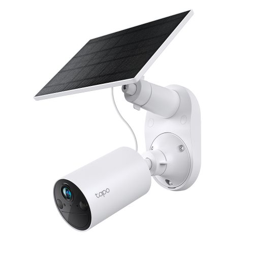Caméra de surveillance extérieure solaire Tapo TC82 Kit blanche avec panneau solaire sur fond blanc.