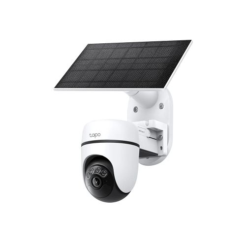 Caméra extérieure solaire motorisée Tapo TC90 Kit blanche avec panneau solaire vue de face.