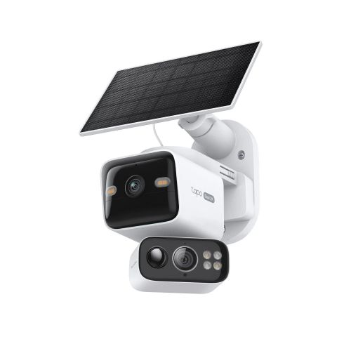 Caméra solaire Tapo TC93D Kit double optique 2K vue produit avec panneau solaire intégré.