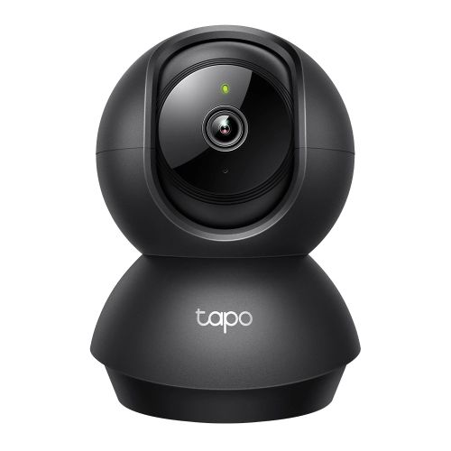 Caméra de surveillance intérieure Tapo C211 noire 2K motorisée vue de face sur fond blanc.