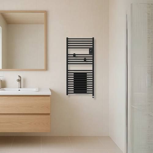 Sèche serviettes connecté avec soufflerie Thermor Riva 5 1500W noir carbone - photo ambiance salle de bain