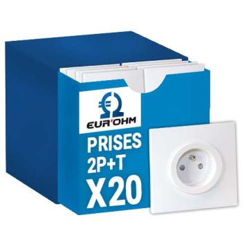 EUROHM SQUARE Pack complet 20 prises 2P+T + 20 plaques simples blanc