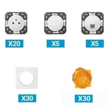 Lot de 20 prises de courant + 5 interrupteurs va-et-vient + 5 prises RJ45 catégories 6 + 30 plaques simples + 30 boites encastrements LEGRAND Dooxie blanc