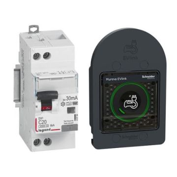 SCHNEIDER MUREVA Evlink Prise de courant 2P+T renforcée VE étanche complet saillie gris IP66 + disjoncteur différentiel Legrand