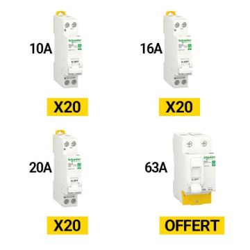 SCHNEIDER Resi9 XP 3 X 20 Disjoncteurs Ph+N de 10A - 16A - 20A + 1 Interrupteur différentiel 63A 30mA AC OFFERT