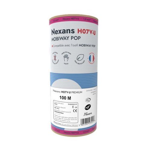 Fil électrique rigide H07VU 1.5² bleu NEXANS Mobiway POP bobine de 100m