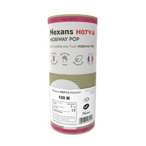 Bobine de 100m de fil électrique rigide H07VU vert/jaune 1,5mm² Nexans Mobiway Pop