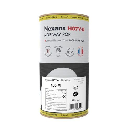 Fil électrique rigide H07VU 2.5² noir NEXANS Mobiway Pop bobine de 100m