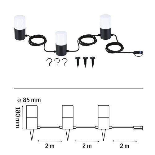 Guirlance led extérieure Paulmann longueur 2m 3 ampoules de 2W - schéma avec dimensions