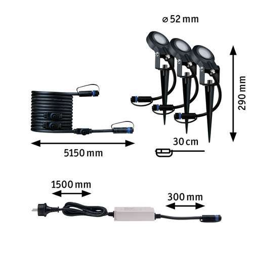 détail du kit de 3 spots LED extérieurs sur piquet orientable Paulmann Plug & Shine