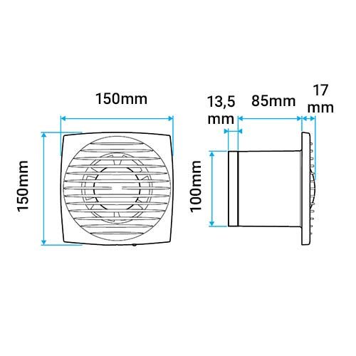 Extracteur d'air ALDES IN LINE D150 - schéma avec dimensions