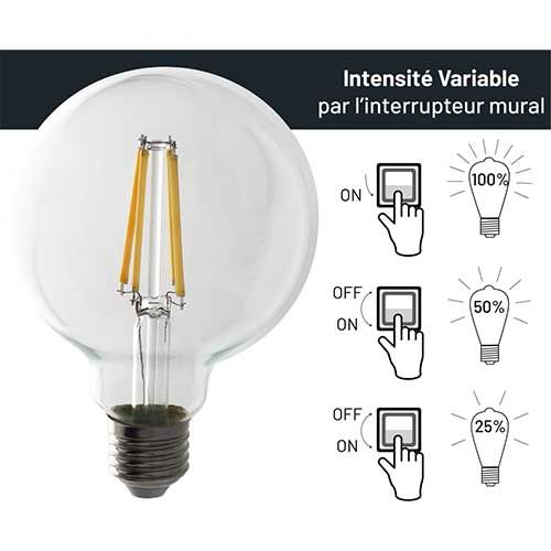 Ampoule LED Arlux dimmable transparente E27 Ø95 230V 6W(=80W)  900lm 2700K - dimensions