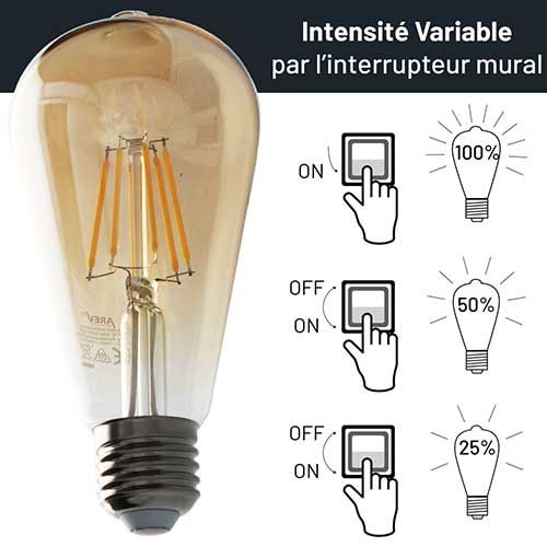 Ampoule LED ambrée forme Edison Arlux E27 Ø64 230V 6W(=80W) 720lm 2700K - 3 niveaux d'intensité lumineuse