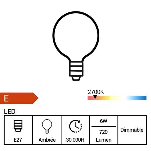 ARLUX Ampoule LED 3-Steps dimmable ambrée E27 Ø95 230V 6W(=80W) 720lm 2700K - fiche technique