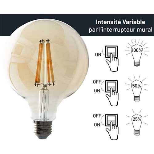 Ampoule LED ARLUX dimmable ambrée E27 Ø125 230V 6W(=80W) 720lm 2700K - 3 intensités lumineuses