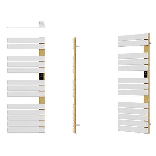 Sèche-serviettes électrique 750W lames plates blanches et finition bois Sigma Batilec - vue sous tous les angles + fixation murale