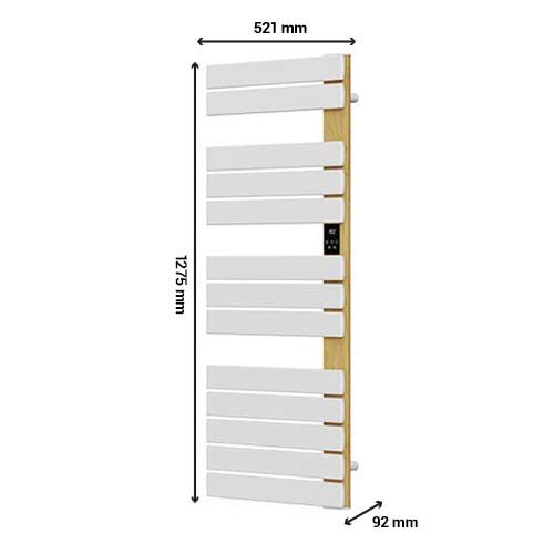 Sèche-serviettes électrique 750W lames plates blanches et finition bois Sigma Batilec - photo avec dimensions