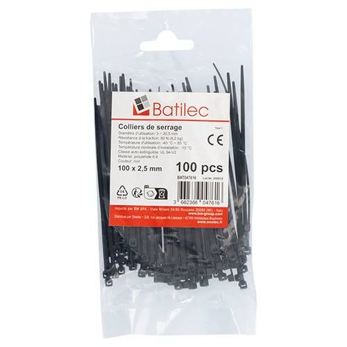 Colliers de serrage noirs Batilec 100x2,5mm - paquet de 100 pièces