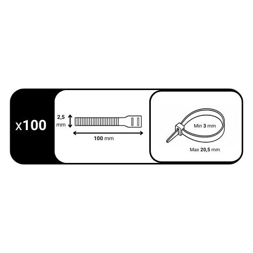 Colliers de serrage noirs Batilec 100x2,5mm - schéma avec dimensions