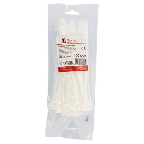 Paquet de 100 colliers de serrage blancs Batilec 200x3,6mm