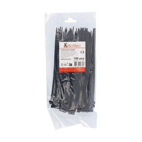 Paquet de 100 colliers de serrage noirs Batilec 200x4,8mm