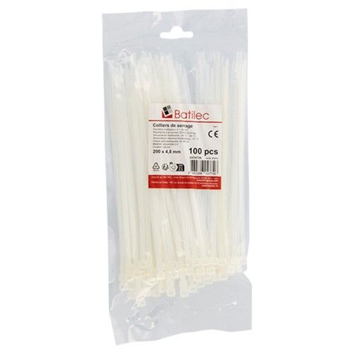 Paquet de 100 colliers de serrage blancs Batilec 200x4,8mm