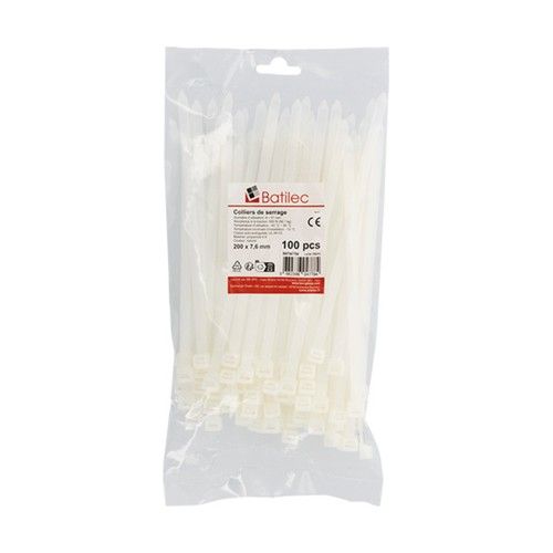 Paquet de 100 colliers de serrage blancs Batilec 200x7,6mm