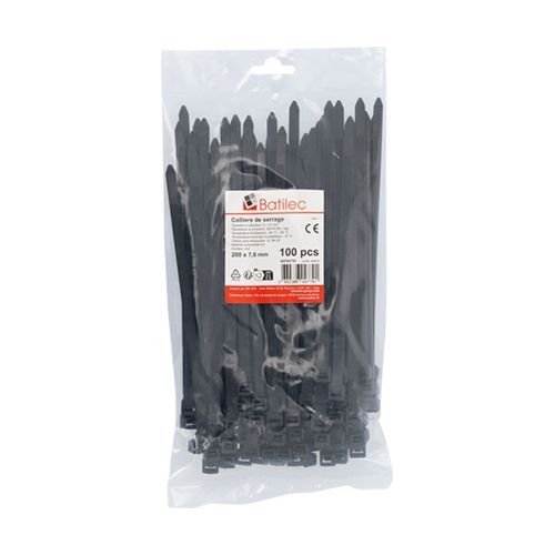 Paquet de 100 colliers de serrage noirs Batilec 200x7,6mm