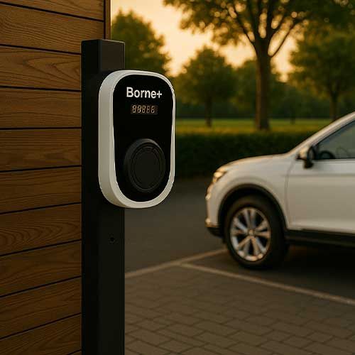 Borne de recharge de véhicule électrique BORNE+ plug and play prise T2S 7kW 32A IP55 - photo parking extérieur