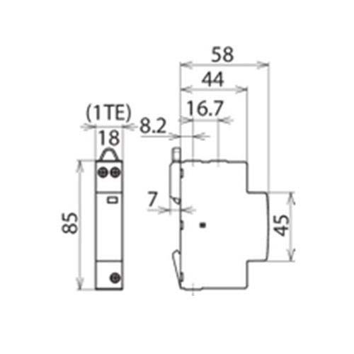 Schéma avec dimensions du parafoudre monophasé autoprotégé type 2 15kA 230V