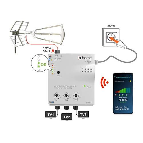 Schéma d'installation de l'amplificateur répartiteur TV TNT D-Home 3 sorties