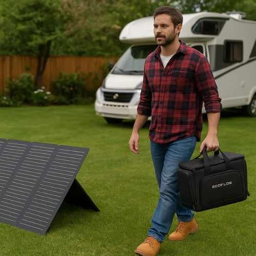 Sac de transport avec poches de rangement pour batterie solaire.