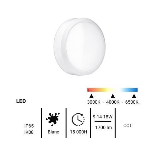 Hublot extérieur ENLITE LED à détection 230V multipuissance 9/14/18W 1700lm CCT blanc - fiche technique
