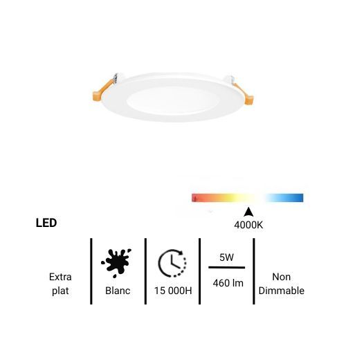 Downlight LED ENLITE extra plat à encastrer 230V 5W 460lm 4000K 128mm blanc - fiche technique