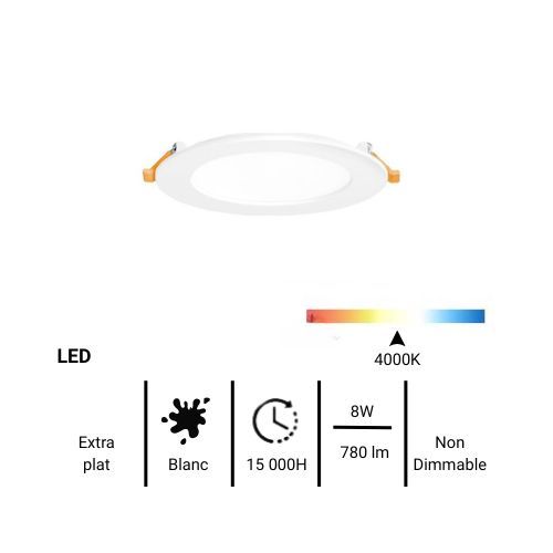 Downlight ENLITE LED extra plat à encastrer 230V 8W 780lm 4000K 146mm blanc - fiche technique