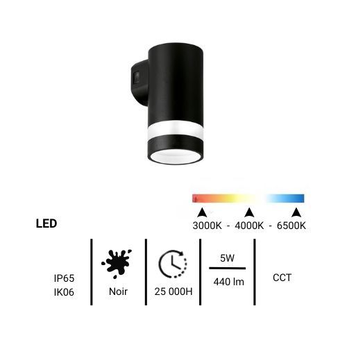 Applique extérieure ronde LED ENLITE descendante IP65 230V 5W 440lm CCT noir - fiche technique