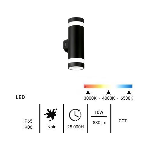 Applique extérieure ronde ENLITE LED bidirectionnelle IP65 230V 10W 830lm CCT noir - fiche technique