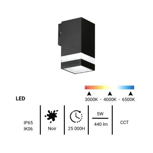 Applique extérieure ENLITE carrée LED descendante IP65 230V 5W 440lm CCT noir - fiche technique