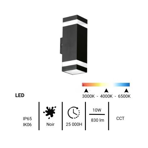 Applique extérieure ENLITE carrée LED bidirectionnelle IP65 230V 10W 830lm CCT noir - fiche technique