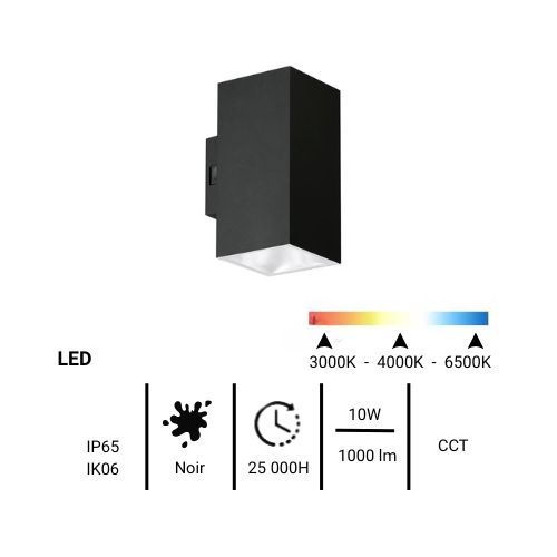 Applique extérieure ENLITE carrée LED bidirectionnelle IP65 230V 10W 1000lm CCT noir - fiche technique