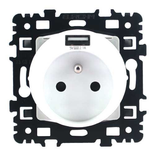 Prise électrique 2P+T + USB Type A blanche Eurohm Square - vue de face